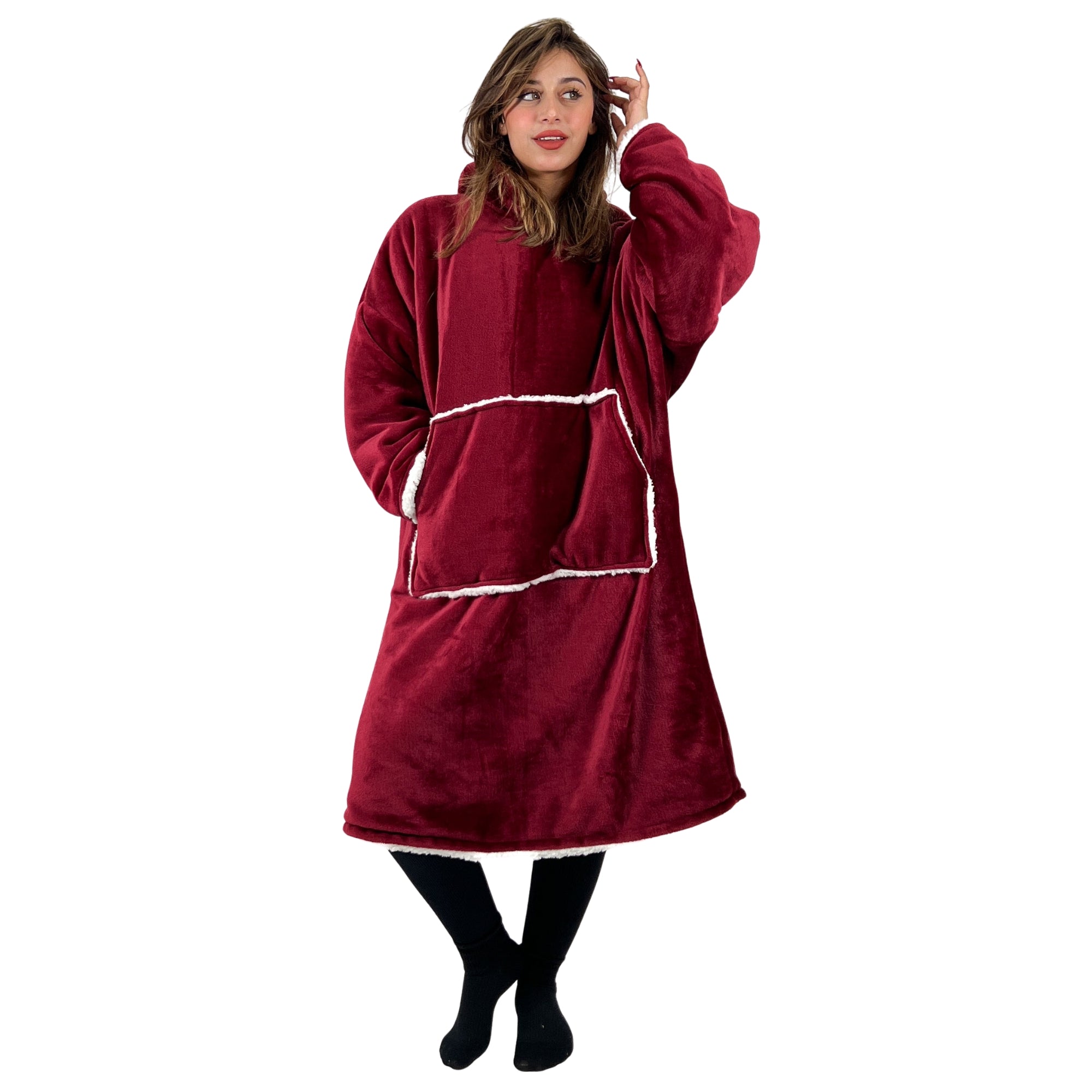Person wearing a red fleece blanket with pockets on a white background