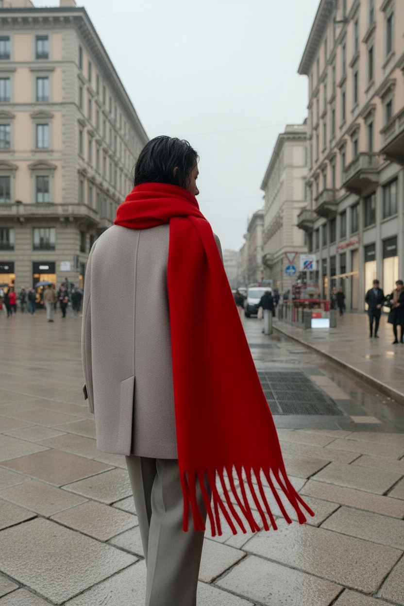 Écharpe unie rouge à franges sur mannequin - Mikasascraf